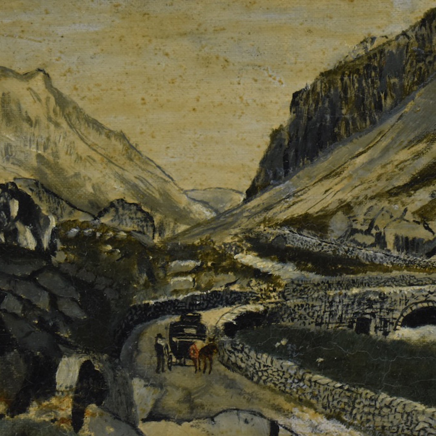 Gerard Dillon (Irish, 1916 1971) Oil On Board Landscape Carriage Crossing A Stone Bridge Bounded By Rocky Hills Sold Ś1,000