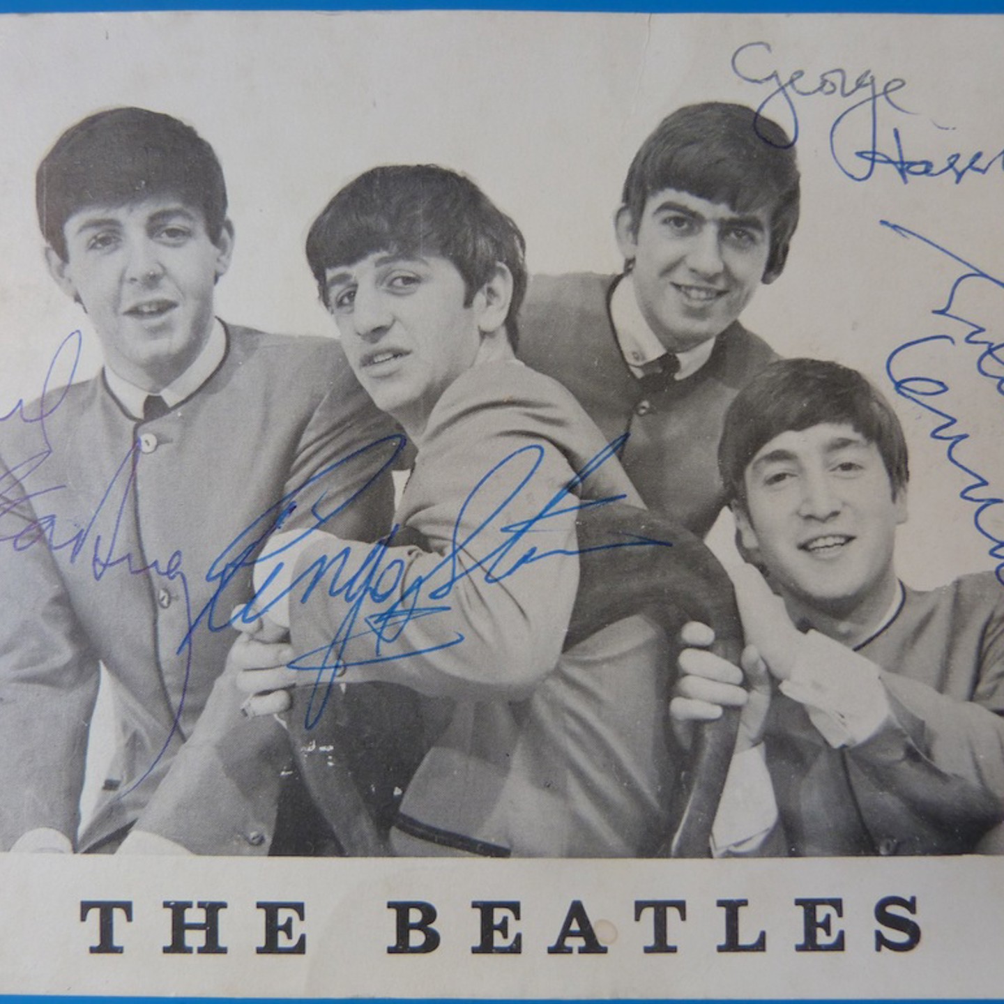 A Signed Beatles Postcard With Signatures In Pen By George, Ringo, Paul And John. Ś3900
