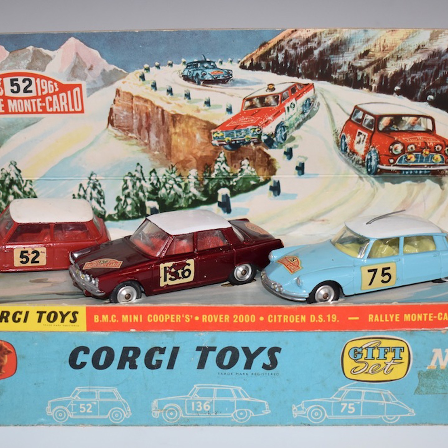 Corgi Toys Diecast Model Gift Set 38 Rallye Monte Carlo With BMC Mini Cooper 'S', Rover 2000 And Citroen DS19, In Original Box With Picture Display Stand. Sold £550