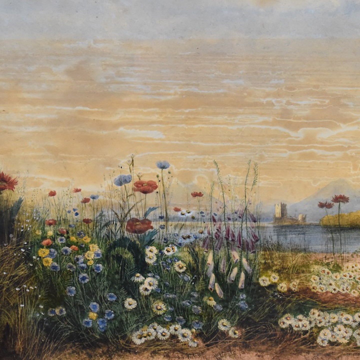Andrew Nicholl RHA (Irish, 1804 1886) Watercolour Estuary Landscape With Castle Viewed Through Flowers To The Foreground Sold Ś2,200