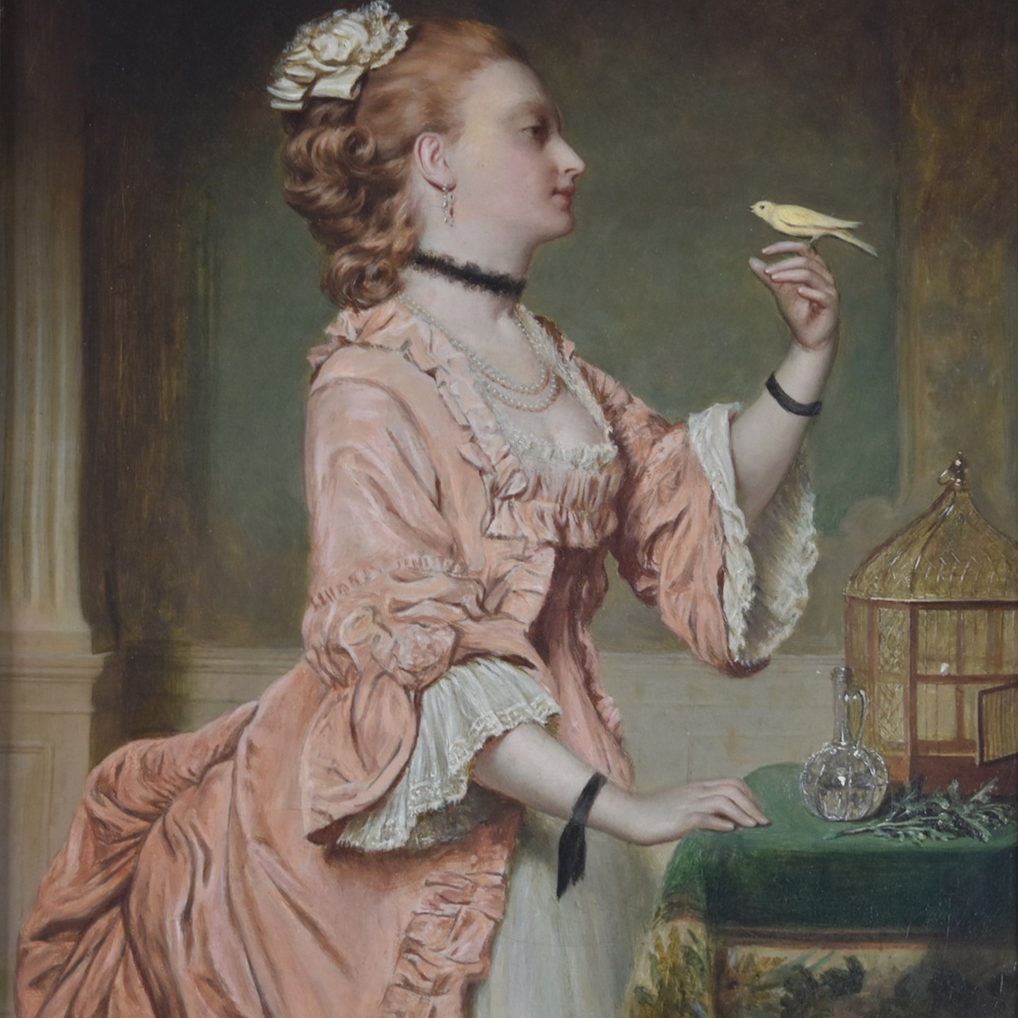 John Robert Dicksee (1817 1905) Oil On Canvas 'The Willing Captive' Lady In Period Dress With A Pet Bird Sold Ś2,000
