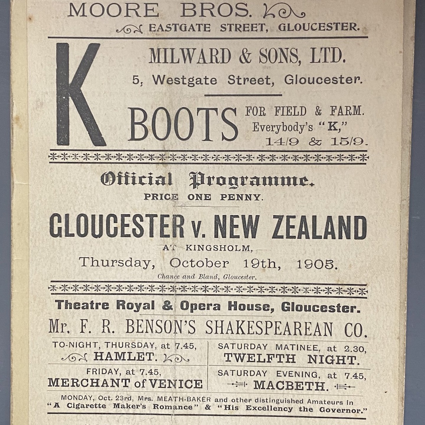 1905 Gloucester V New Zealand Rugby Programme Sold Ś2,500