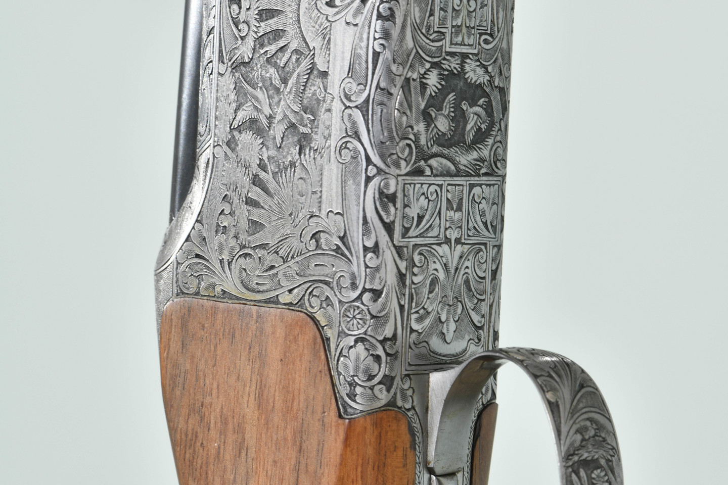 Browning B25 Diana 12 bore over and under ejector shotgun with Pierre Lallemand engraved scenes of birds to the locks
