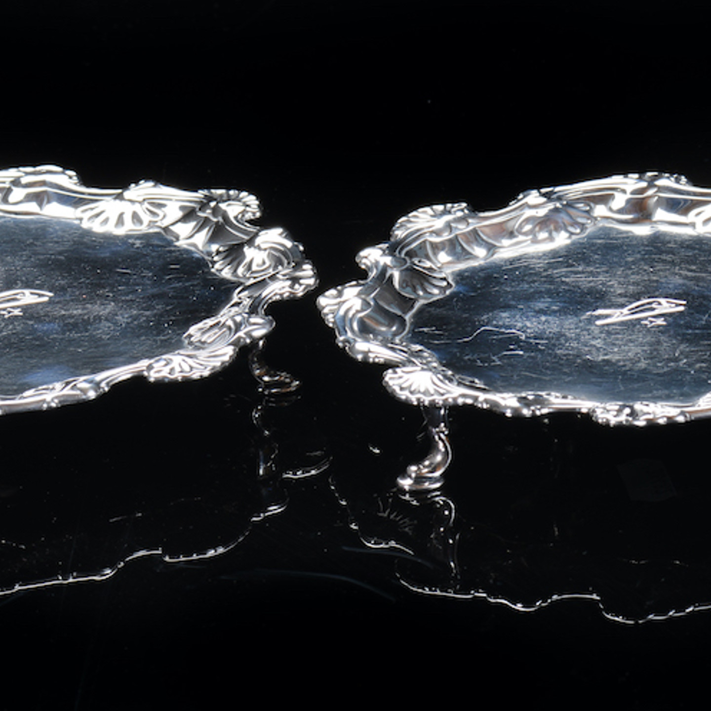 Pair Of Georgian Hallmarked Silver Card Trays, Diameter 17Cm, London 1756. Sold For £540