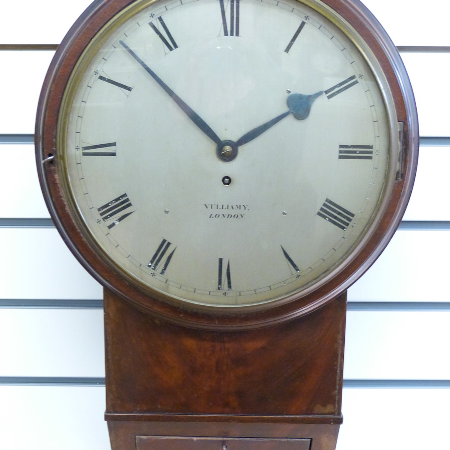 An Early 19Thc Mahogany Cased English Drop Dial Wall Timepiece By Benjamin Vulliamy London, With Fusee Chain 8 Day Movement And Anchor Escapement. Sold For £8,200