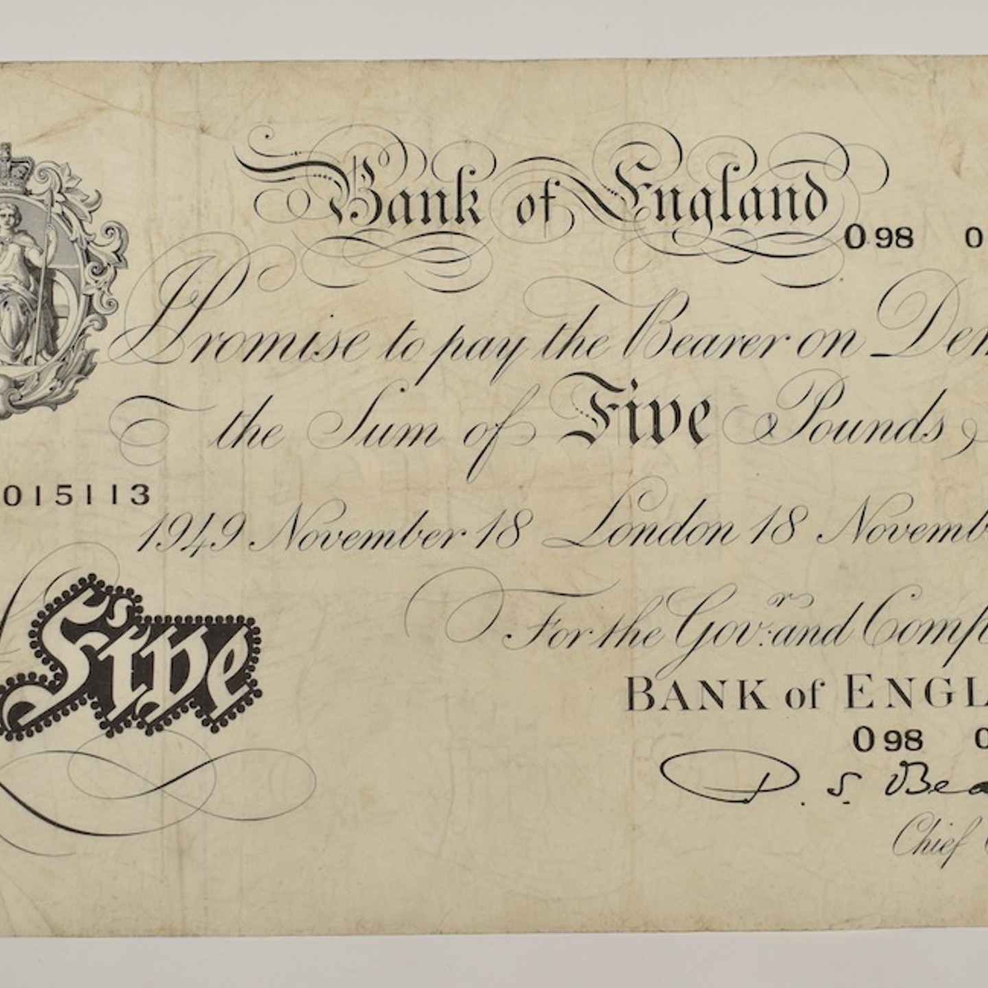 Beale White Ś5 Banknote Dated 18Th November 1949 098 015113. Sold For Ś75