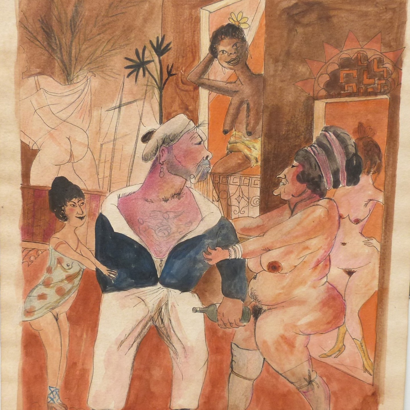 After Otto Dix A Pencil, Ink And Watercolour Scene Of A German Brothel Featuring A Drunken Sailor And Naked Prostitutes Sold For Ś3,000