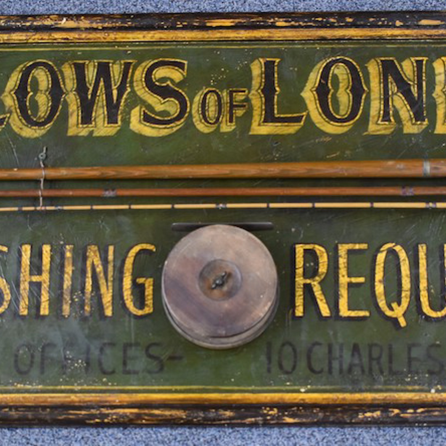 Arlows Of London Hand Painted Wooden Shop Display Or Advertising Sign 'Fine Fishing Requisites Registered Offices 10 Charles St London W.' Sold For £300