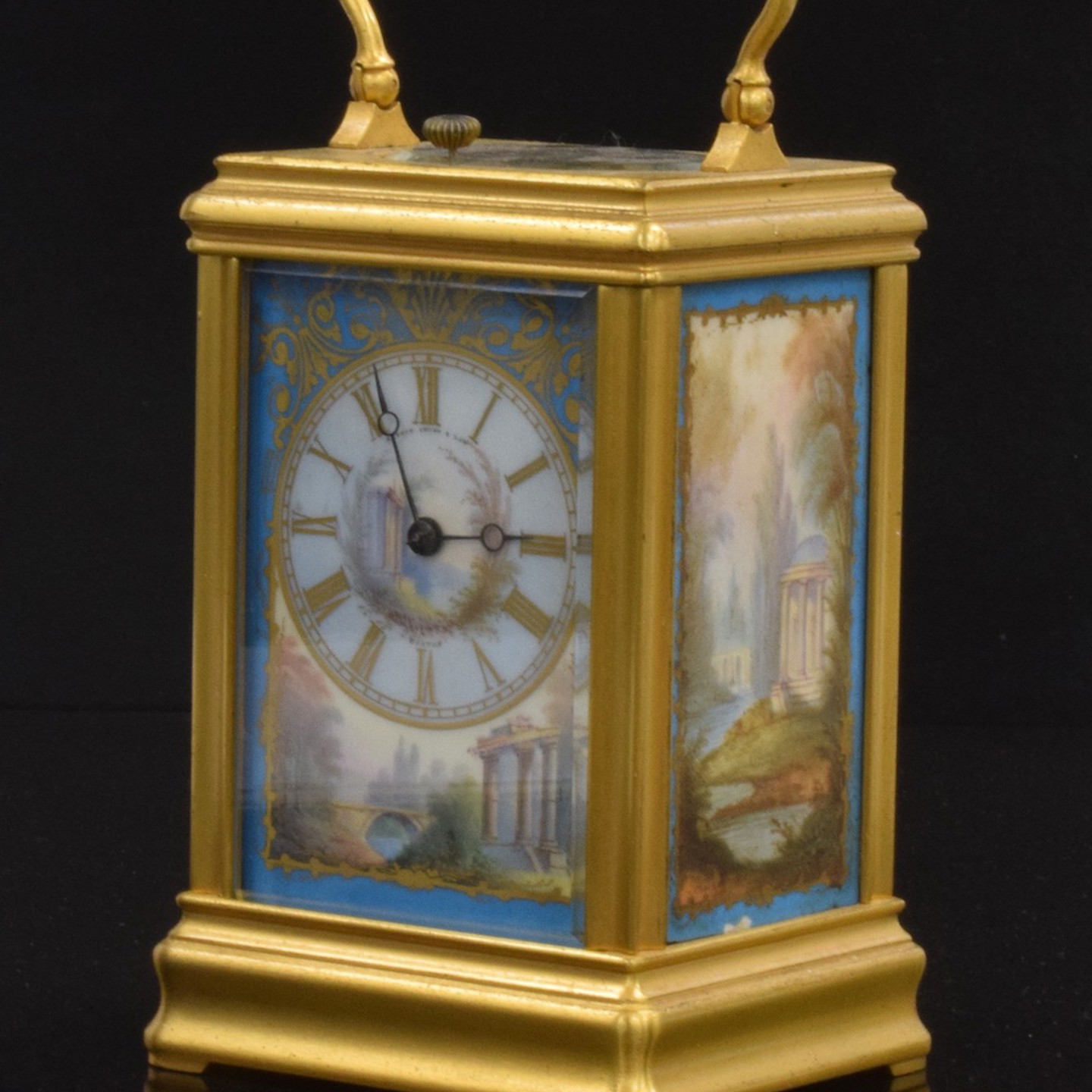 Shreve Crum & Low Of Boston Massachusetts Gilt Cased Repeater Carriage Clock With Hand Painted Porcelain Panels Sold £2,500