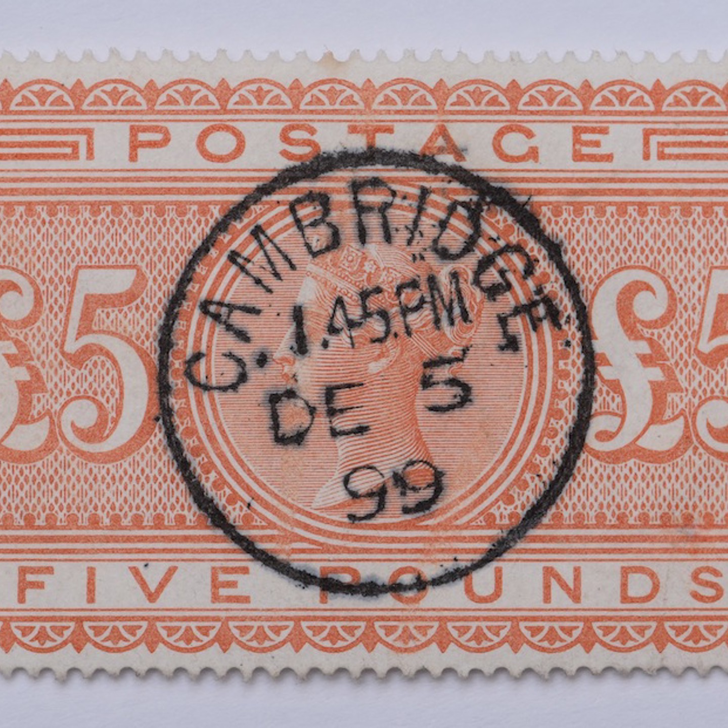 GB 1867 £5 Orange SG157 Wmk Large Anchor, With A Neat Cambridge 5Th December 1899 CDS HAMMER £1,100