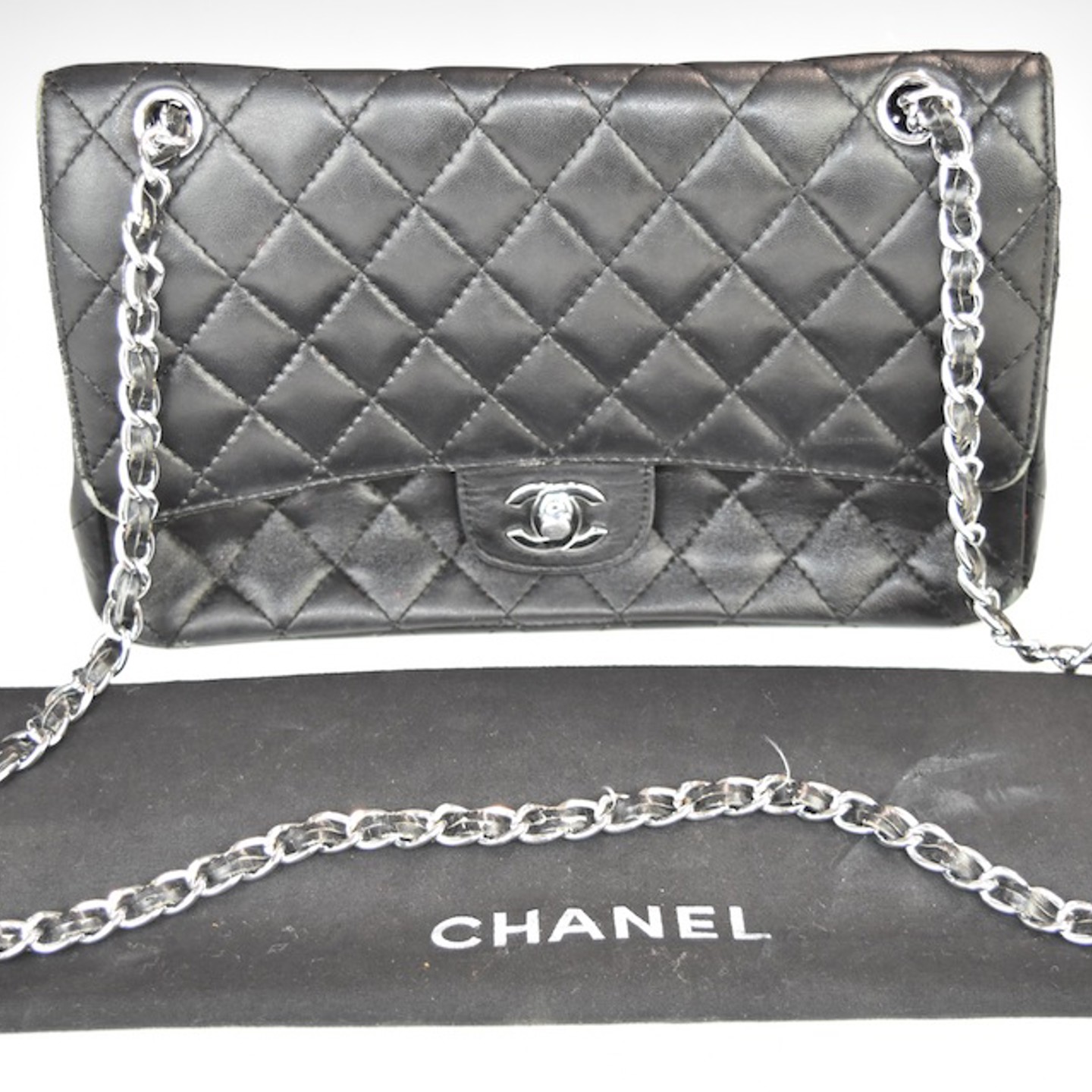 Vintage Chanel Black Leather Handbag With Classic Double Strap And Silver Coloured Fittings, 17 X 25Cm. Sold Ś850