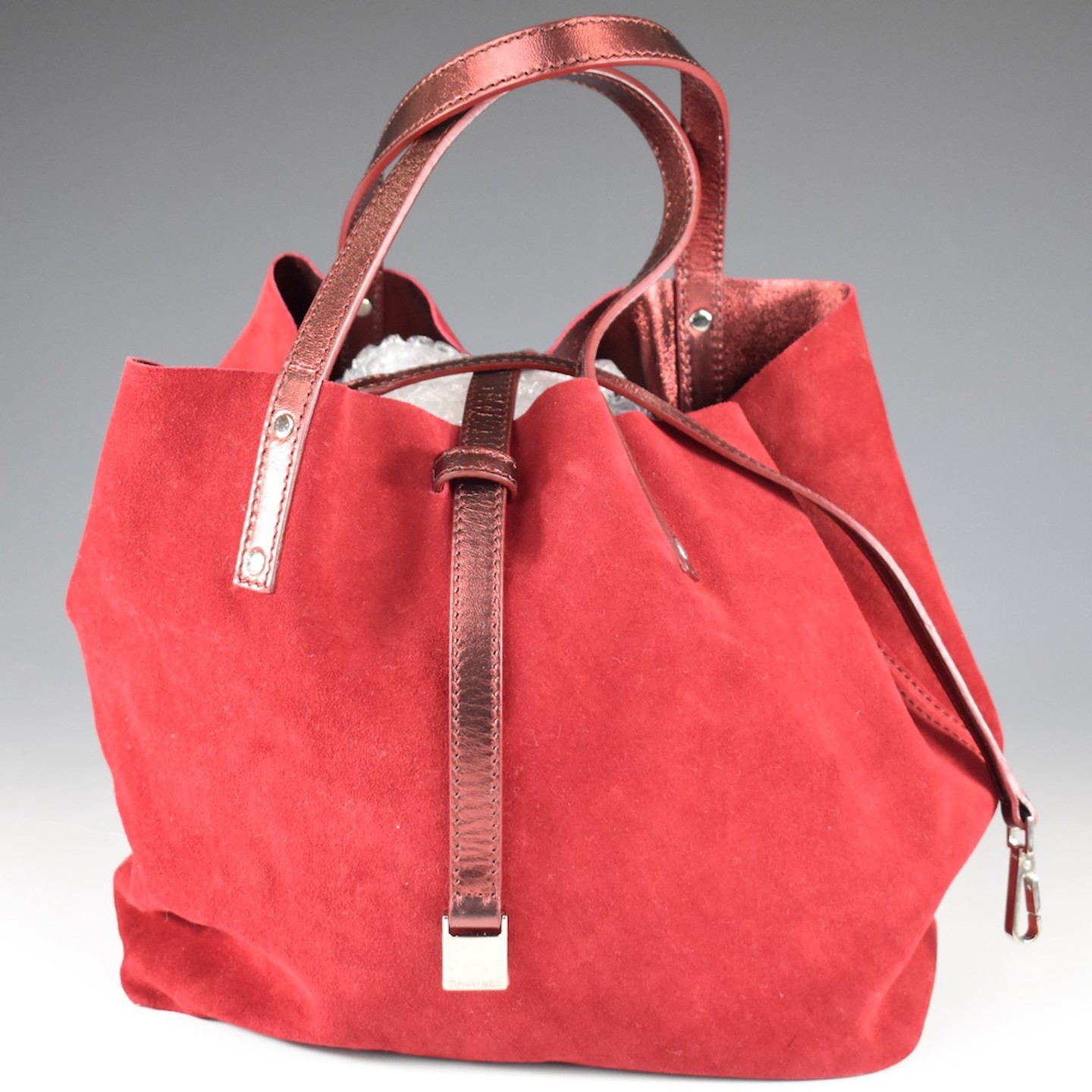 Tiffany & Co Suede And Red Metallic Leather Reversible Tote Bag With Integral Lanyard And Matching Wallet, Sold For Ś500