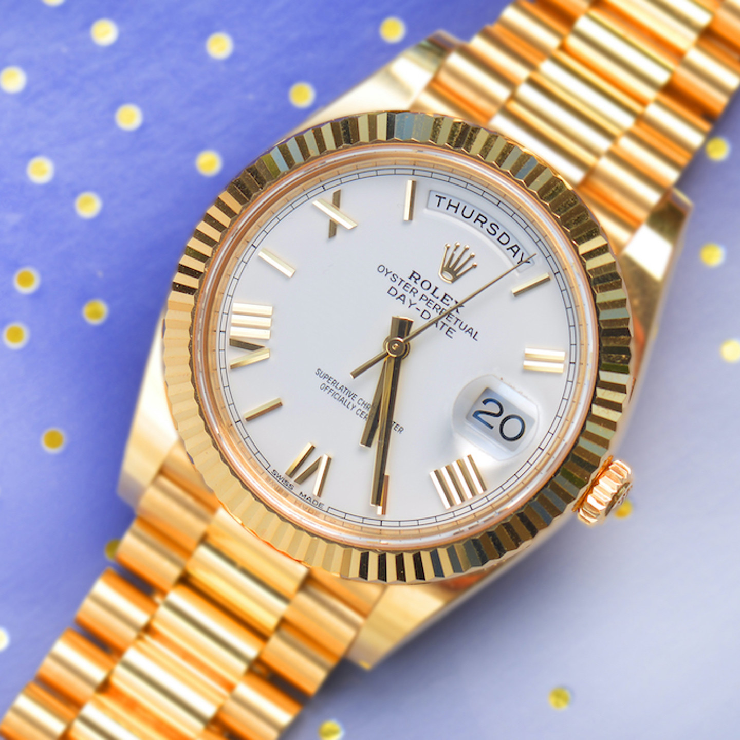 Rolex Oyster Perpetual Day Date 40 18Ct Gold Gentleman's Automatic Wristwatch. Sold For £26,600