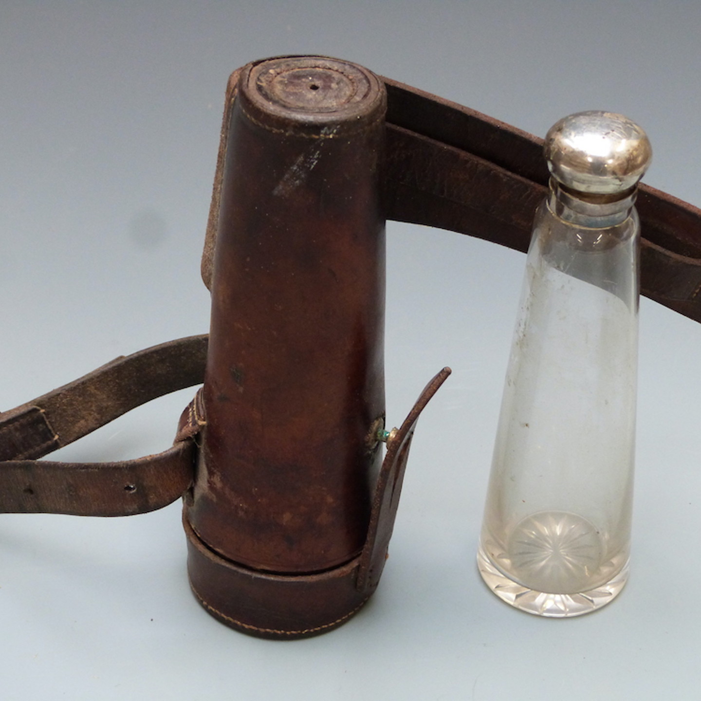 Hallmarked Silver Mounted Glass Hunting Flask In Fitted Leather Case, Thomas Willmore Birmingham 1899, 17Cm Long. Sold For £110