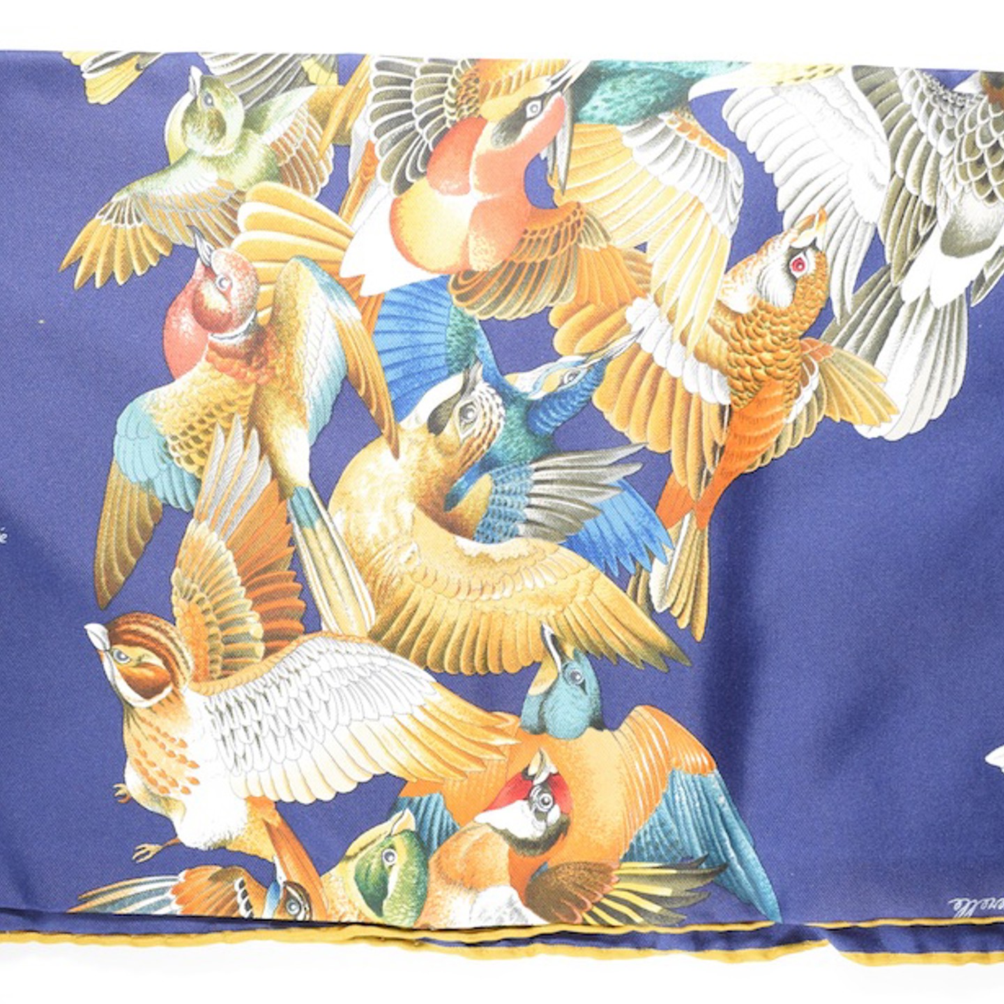 Hermšs Ladies Silk Scarf In Navy Blue With Pattern Of Garden And Wild Birds, 90 X 90Cm, In Original Box With Branded Ribbon, Sold For Œ110