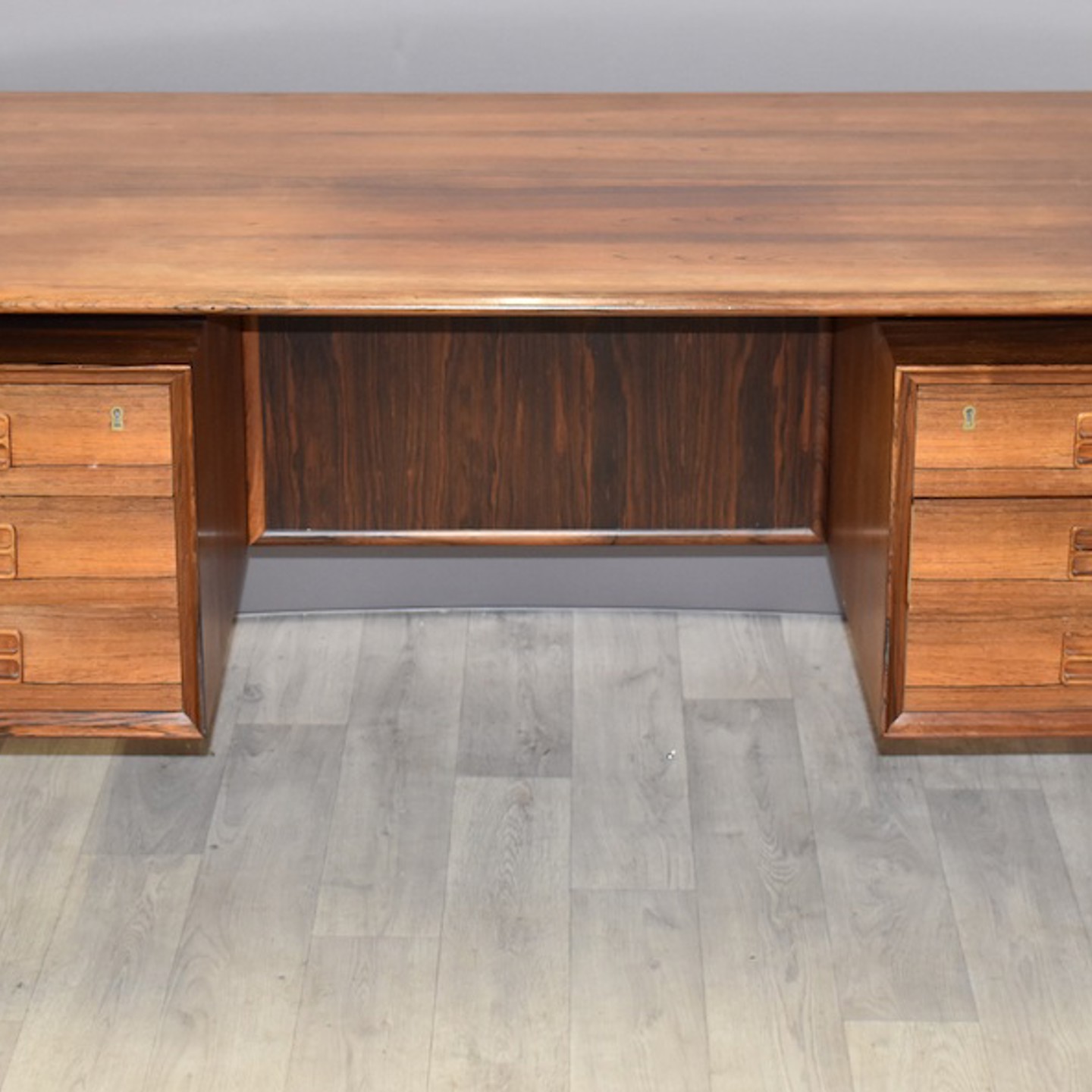 Danish Rosewood Retro Mid Century Modern Twin Pedestal Desk, Designed By Anne Vodder, With Six Drawers And Three Cubby Holes Verso, HAMMER Ś1,200