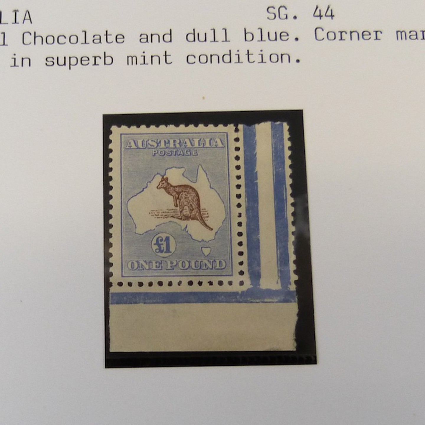 Australia 1916 Kangaroo £1 Chocolate And Dull Blue, Corner Marginal Single, Mint, SG44. Sold For £1,300