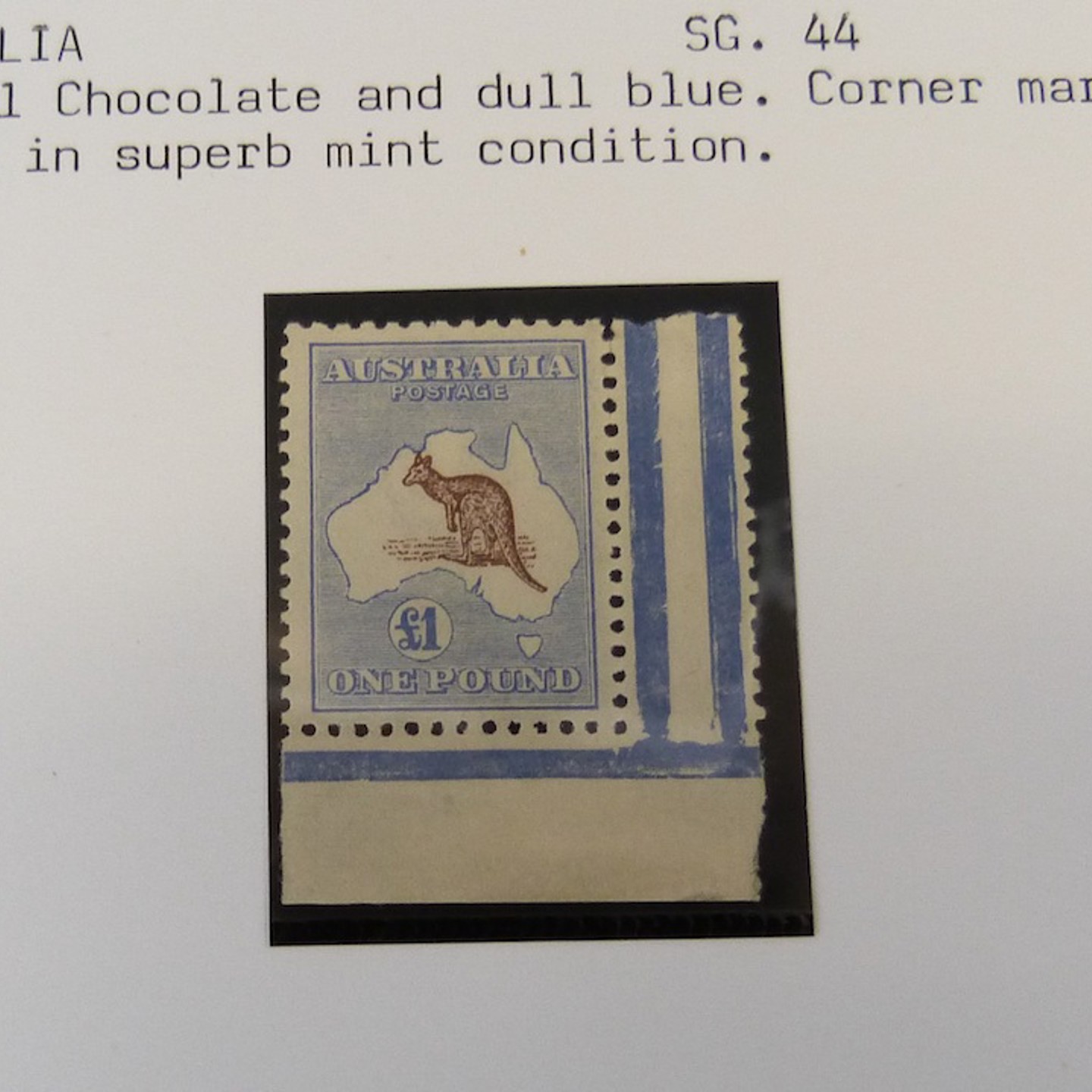 Australia 1916 Kangaroo £1 Chocolate And Dull Blue, Corner Marginal Single, Mint, SG44. Sold For £1,300