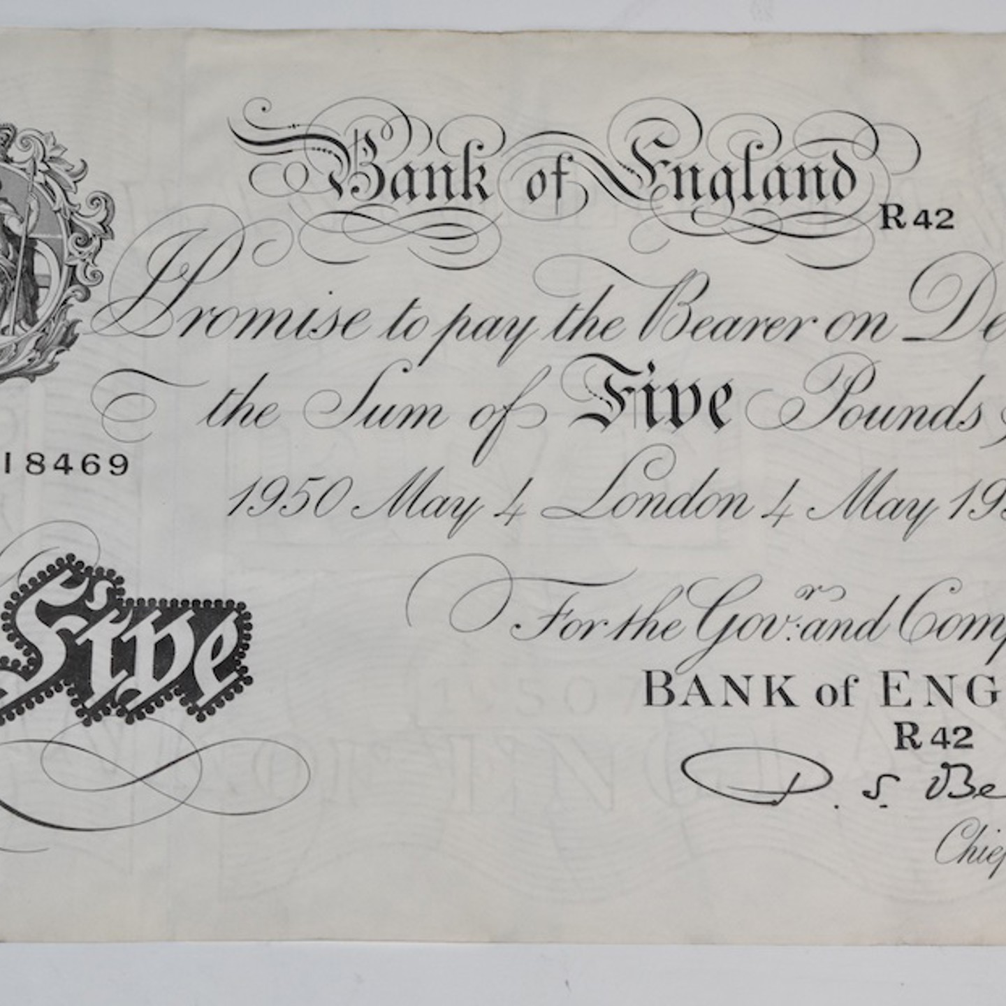 Bank Of England White Ś5 Note, Beale, 4Th May 1950. Sold For Ś70