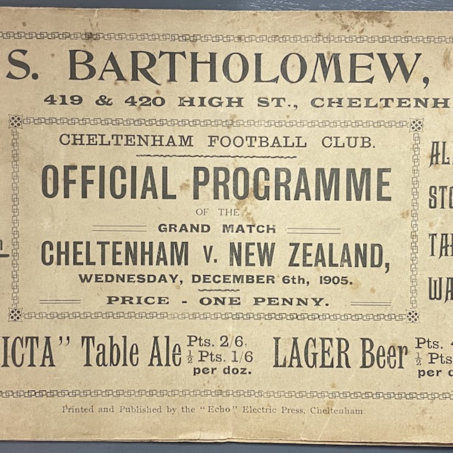 1905 Chetenham V New Zealand Rugby Programme Sold Ś2,000