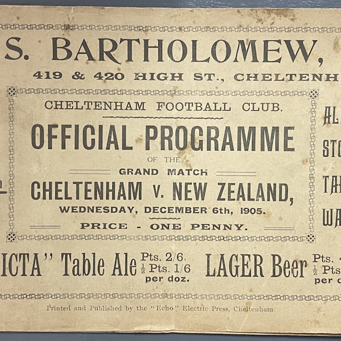 1905 Chetenham V New Zealand Rugby Programme Sold Ś2,000